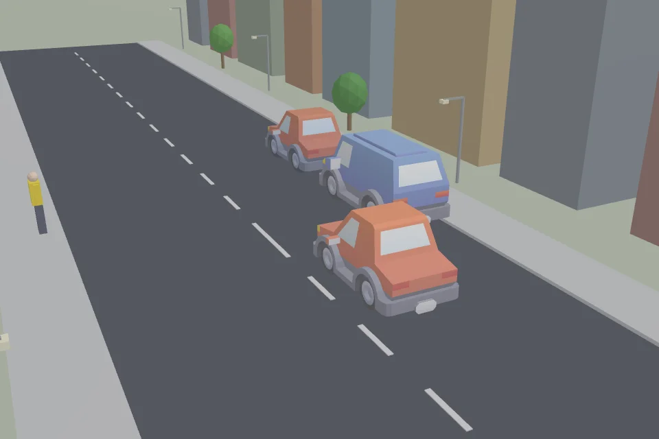 Voorbeeld van een gegenereerde oefensituatie: voetganger tussen geparkeerde auto's