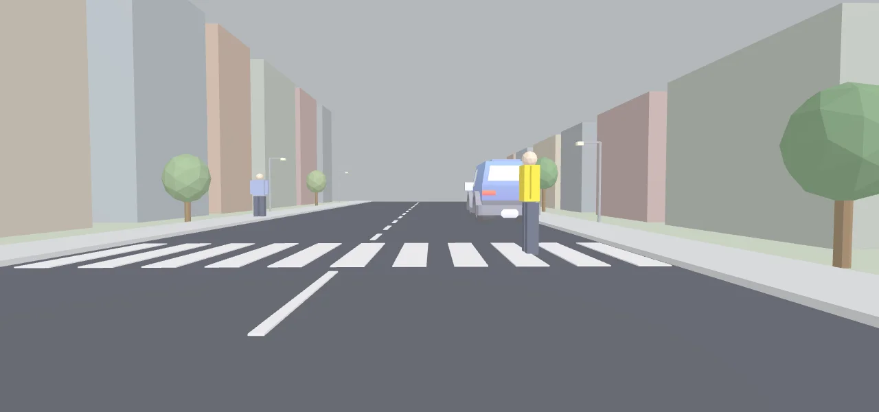 Voorbeeld van een gegenereerde oefensituatie: zebrapad: moet je stoppen voor een voetganger?