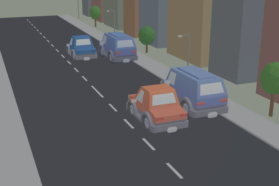 Voorbeeld van een gegenereerde oefensituatie: een auto rijdt weg uit een parkeervak